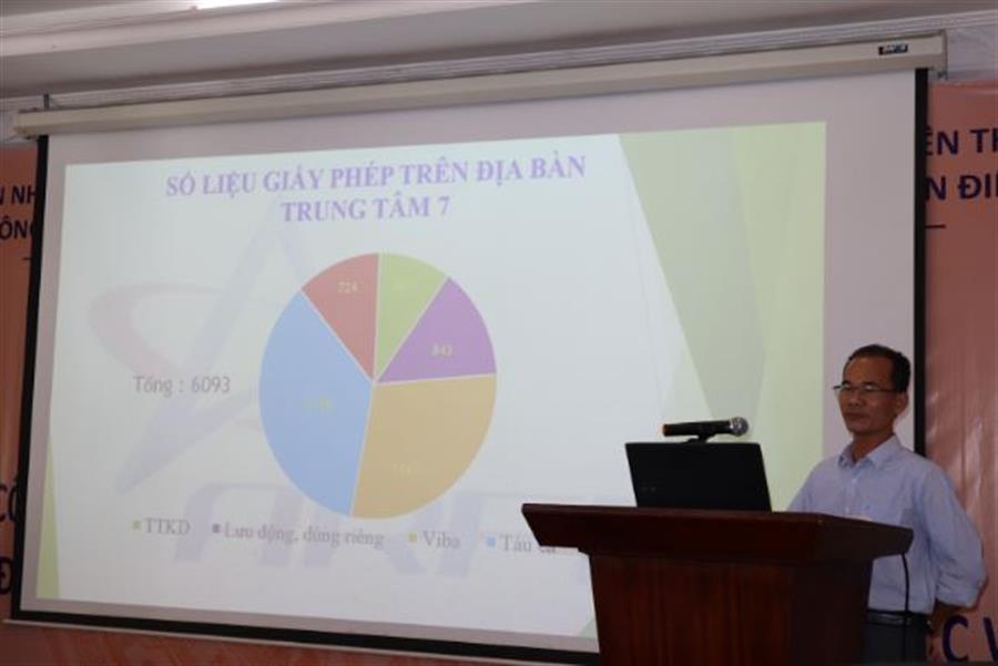 Ông Nguyễn Minh Đồng – Phó Giám đốc, Phụ trách Trung tâm Tần số VTĐ khu vực VII trình bày báo cáo tại OkVip hoạt động